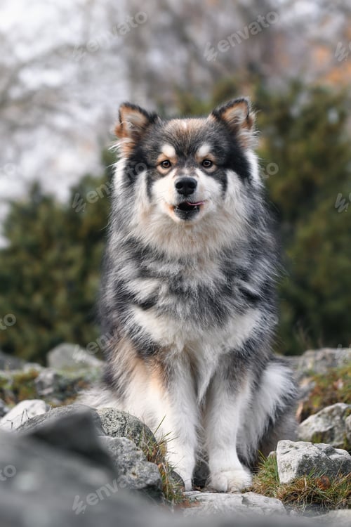 Preview: Portrait of young Finnish Lapphund dog sitting outdoors in the forest or woods making a funny face