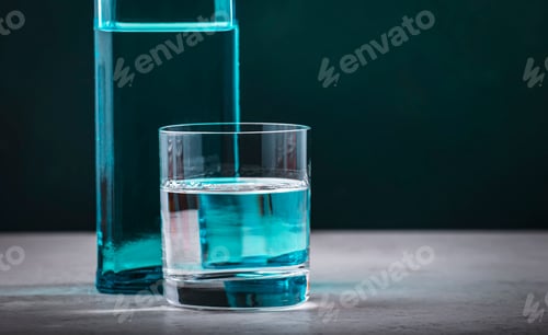 Preview: Dry gin in glass with sapphire blue bottle on dark green background