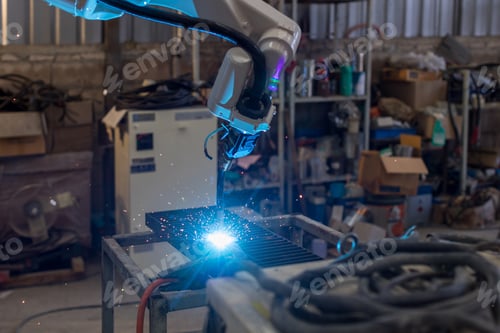 Preview: Welding robots movement in factory. Sparks during electric welding.