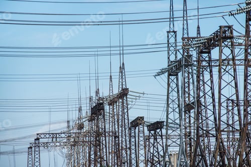 Preview: A lot of high-voltage power lines on the territory of the power plant outdoor