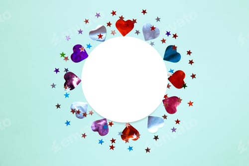 Preview: Festive frame or blue background with colorful confetti, hearts and star. Flat lay mockup.