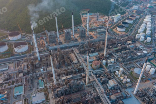 Preview: Aerial view of petrochemical oil refinery and sea in industrial engineering concept in Bangna