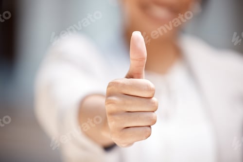 Preview: Thumbs up, woman hands and support vote, motivation and trust for thank you, success and winner. Cl