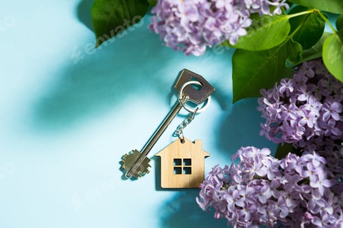 Preview: House key with keychain on blue spring background and lilac branches.