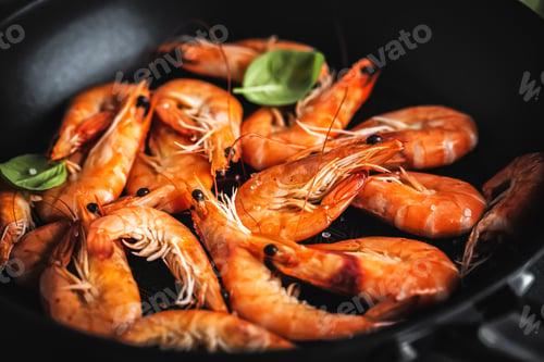 Preview: Fried shrimps with spices on pan