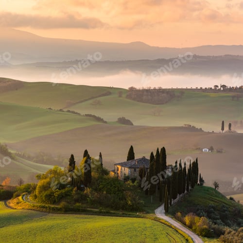Preview: High angle shot of a building isolated on the hill surrounded by tall trees and a pathway