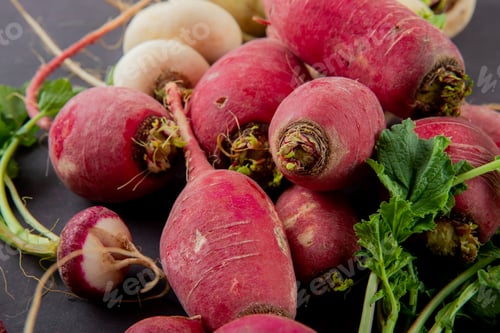 Preview: close-up view of red radishes on maroon background