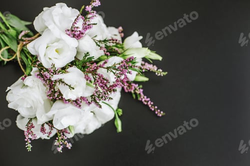 Preview: Beautiful bouquet with lisianthus and heather. Place for text. Concept for background, gift, holiday