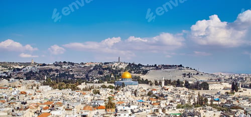 Preview: Jerusalem old sity and Temple Mount panoramic view with beatiful sky