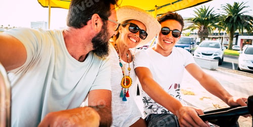 Vista previa: Happy caucasian family enjoy outdoor leisure activity together riding a surrey bike in the city