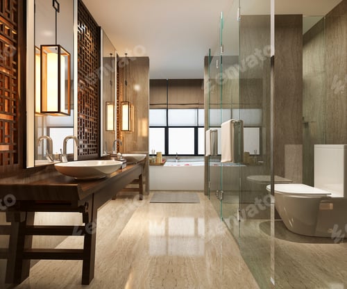Preview: 3d rendering modern bathroom with luxury tile and chinese wall decor
