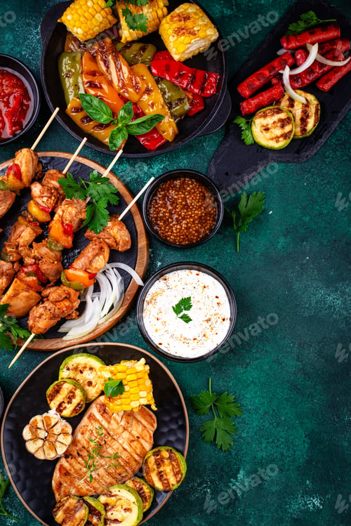 Preview: Assortment of grilled bbq meat and vegetables