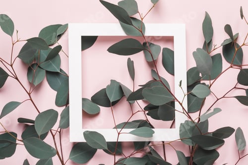 Preview: Natural creative background. Eucalyptus branches and white square frame on pink background