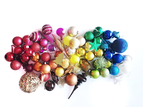 Preview: Flat lay of colourful Christmas ornaments