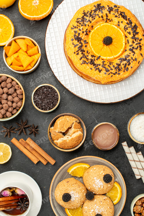 Preview: top view yummy cookies with sweet pie and cup of tea on a dark background cake pie sugar dessert