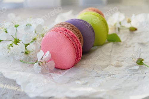 Preview: cakes macaroons of red, brown purple, green and beige on white paper with apple blossoms