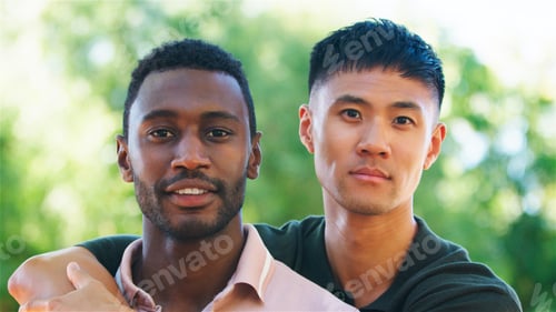 Preview: Same Sex Male Couple or Friends Embracing Outdoors in a Park During Sunny Day