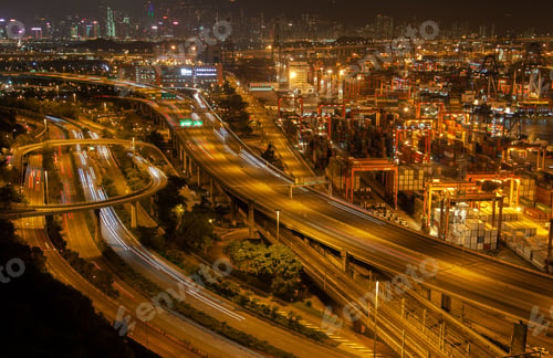 Preview: Container port Hong Kong overpass road near modern harbour cranes