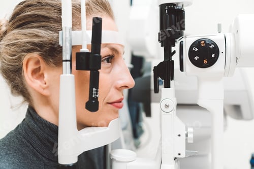 Preview: Professional optician examining woman with modern optical equipment