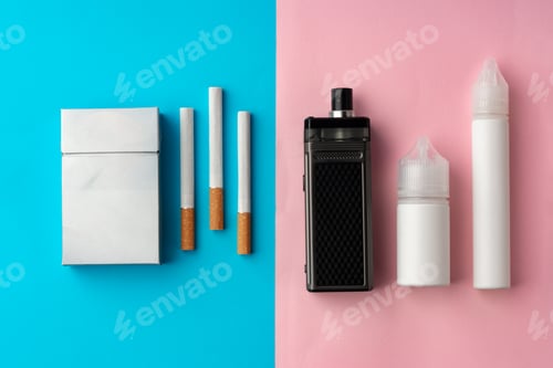 Preview: Regular cigarettes and electronic cigarette on color background