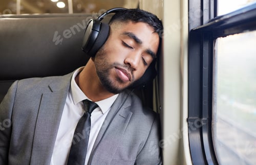 Preview: Shot of a young businessman wearing headphones while sleeping on a train during his commute