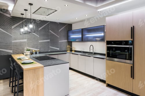 Preview: Modern kitchen interior decorated with built in appliances in illuminated lights