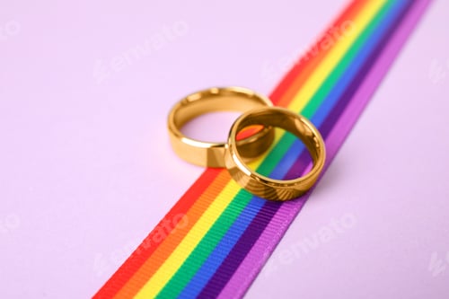 Preview: Wedding rings and rainbow ribbon on color background. Gay symbol
