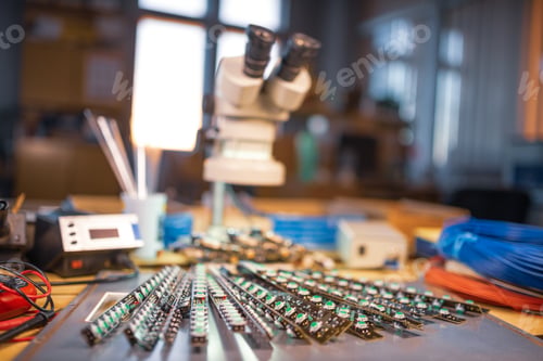 Preview: Modern microscope, Panel of LED light indicators is in the production