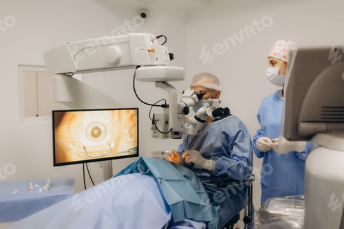Preview: Skilled surgeon and his medical team performs precise eye surgery on an elderly patient, restoring