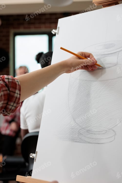 Preview: Artist man drawing vase sketch on white canvas working at graphic illustration