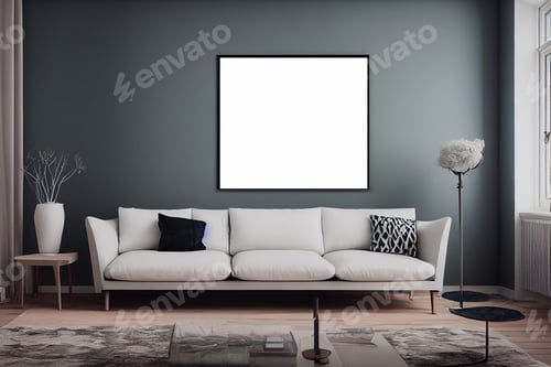 Preview: Living interior room view of modern stylish couch with home accessories and furniture on wooden and