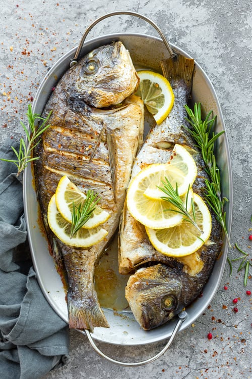 Preview: Baked fish dorado. Sea bream or dorada fish grilled