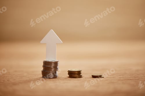 Preview: increasing chart made of coins with white arrow, financial growth concept