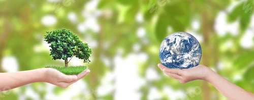 Preview: Environment day concept: Child hands holding tree and earth over blurred nature background