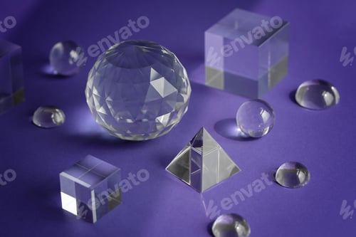 Preview: Crystal prism refracting light, magic crystals and pyramid, sphere and cube on purple background