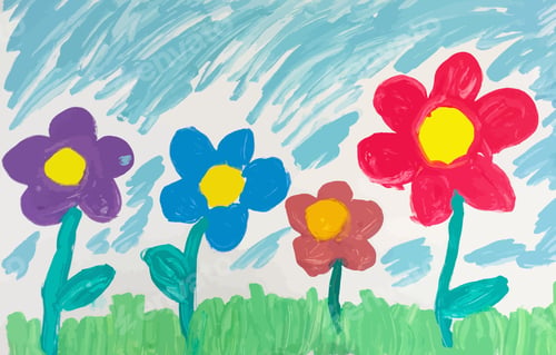 Preview: Child's painting depicting colorful flowers growing in green grass under blue sky