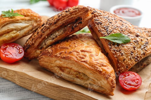 Preview: Fresh delicious puff pastry served on white wooden table, closeup