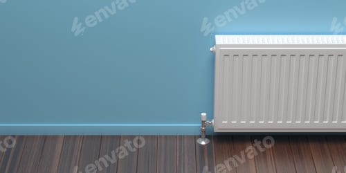 Preview: Radiator, wood floor, blue wall background. 3d illustration