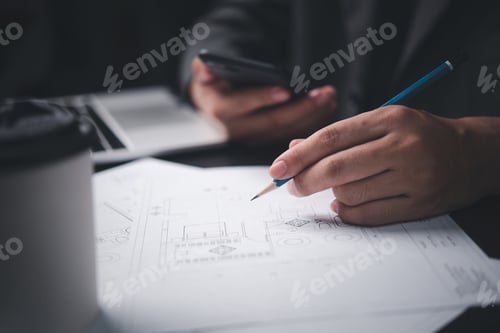 Preview: Hand Drawing Interior creative working home design plan blue print. Architect designer engineer