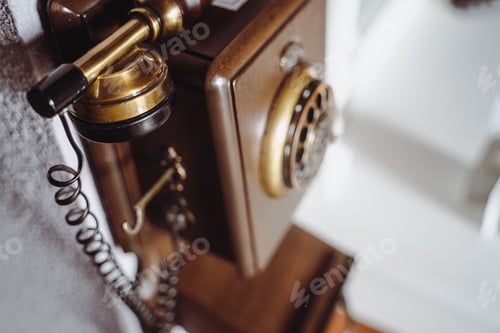 Preview: vintage brown wooden phone on wall