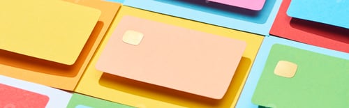 Preview: multicolored empty credit cards on colorful background, panoramic shot