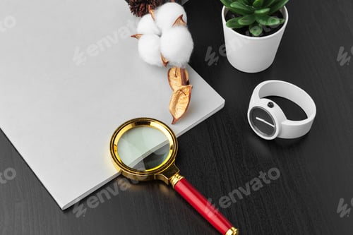 Preview: Modern workplace on wooden table with a lot of things on it. Top view