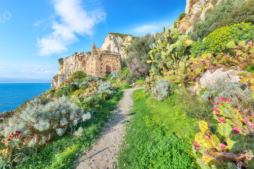 Preview: Scenic spring view on the the cape Milazzo panorama of nature reserve Piscina di Venere.