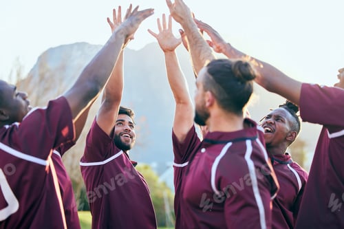 Preview: Raised hands, sports and excited people, rugby team building and solidarity support, teamwork or co