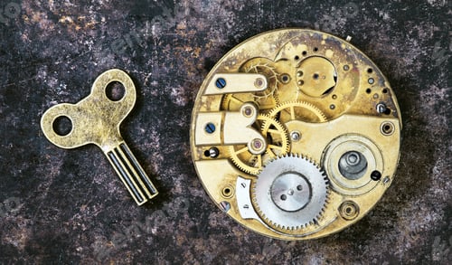 Preview: Vintage key and clockwork mechanism with gears, time management concept