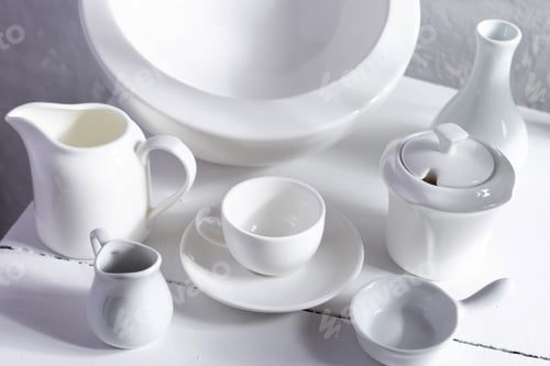Preview: Empty crockery or ceramic dishes set. White kitchen dishware and tableware at wooden old chair