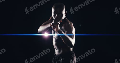 Preview: Fist, boxing and portrait of black man in studio for cardio workout, exercise and bodybuilder train