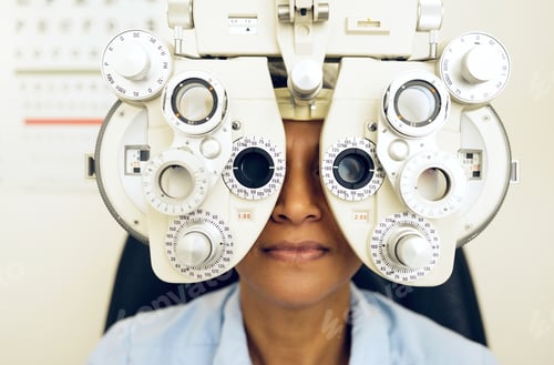 Preview: Eye test, face or woman consulting to help eyesight at optometrist for a optical assessment. Optome