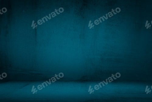 Preview: Vintage grunge blue concrete texture studio wall background with vignette.