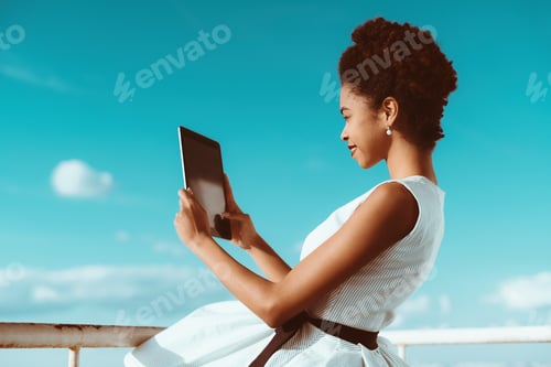 Preview: Black cheerful girl with digital tablet and sky behind